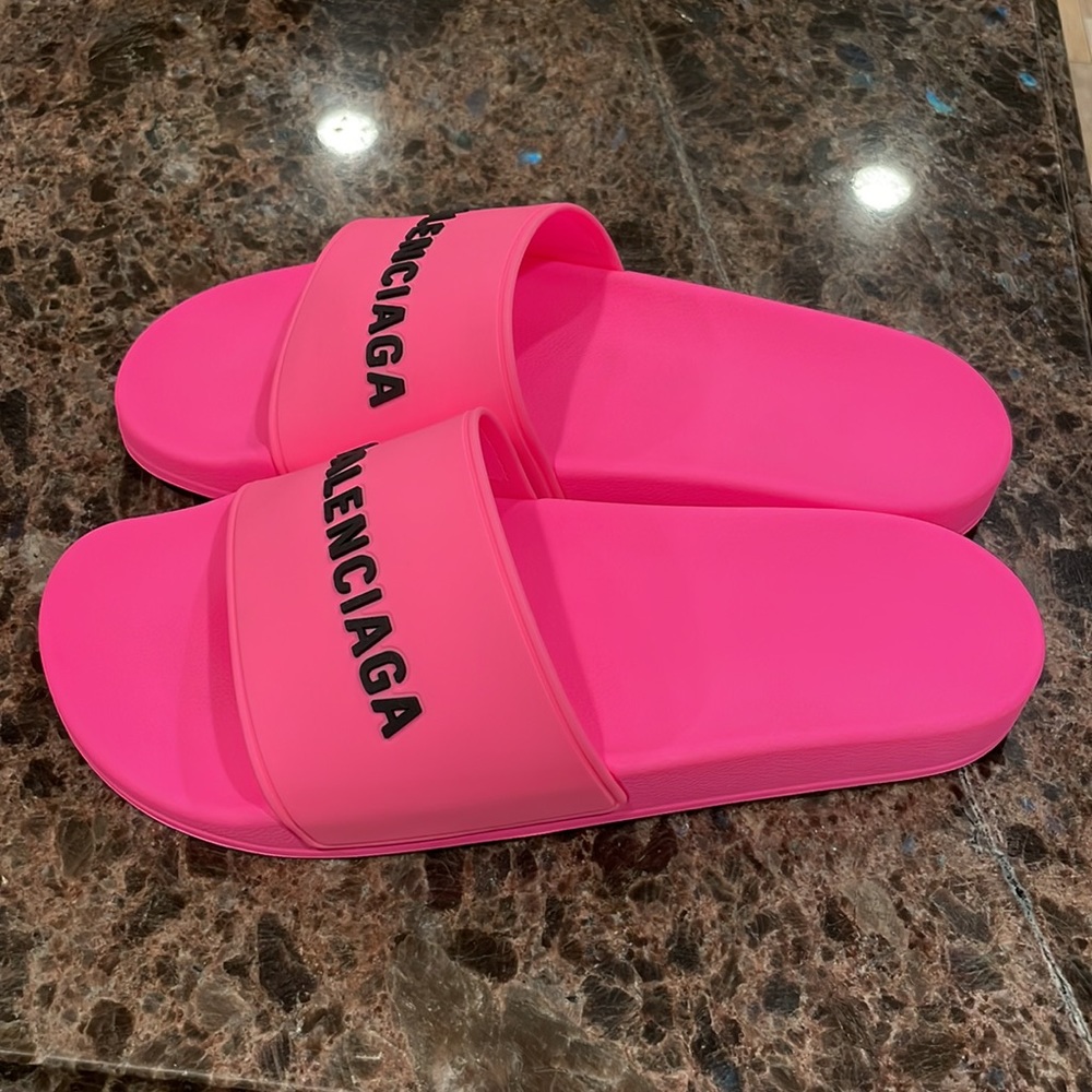 Balenciaga rubber pvc pool slides neon pink logo flats sandals sz 42 - Picture 5 of 10